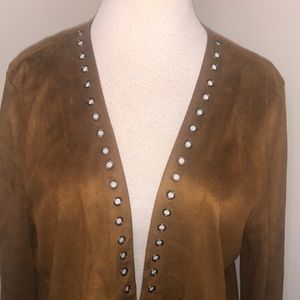 Adore camel colored fringed sleeves and bottom open light weight jacket, size L